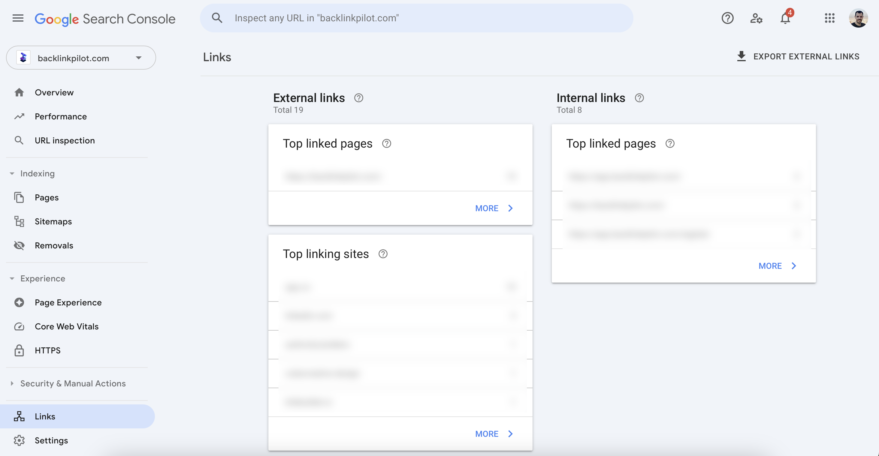 Links section in Google Search Console for Backlink Pilot