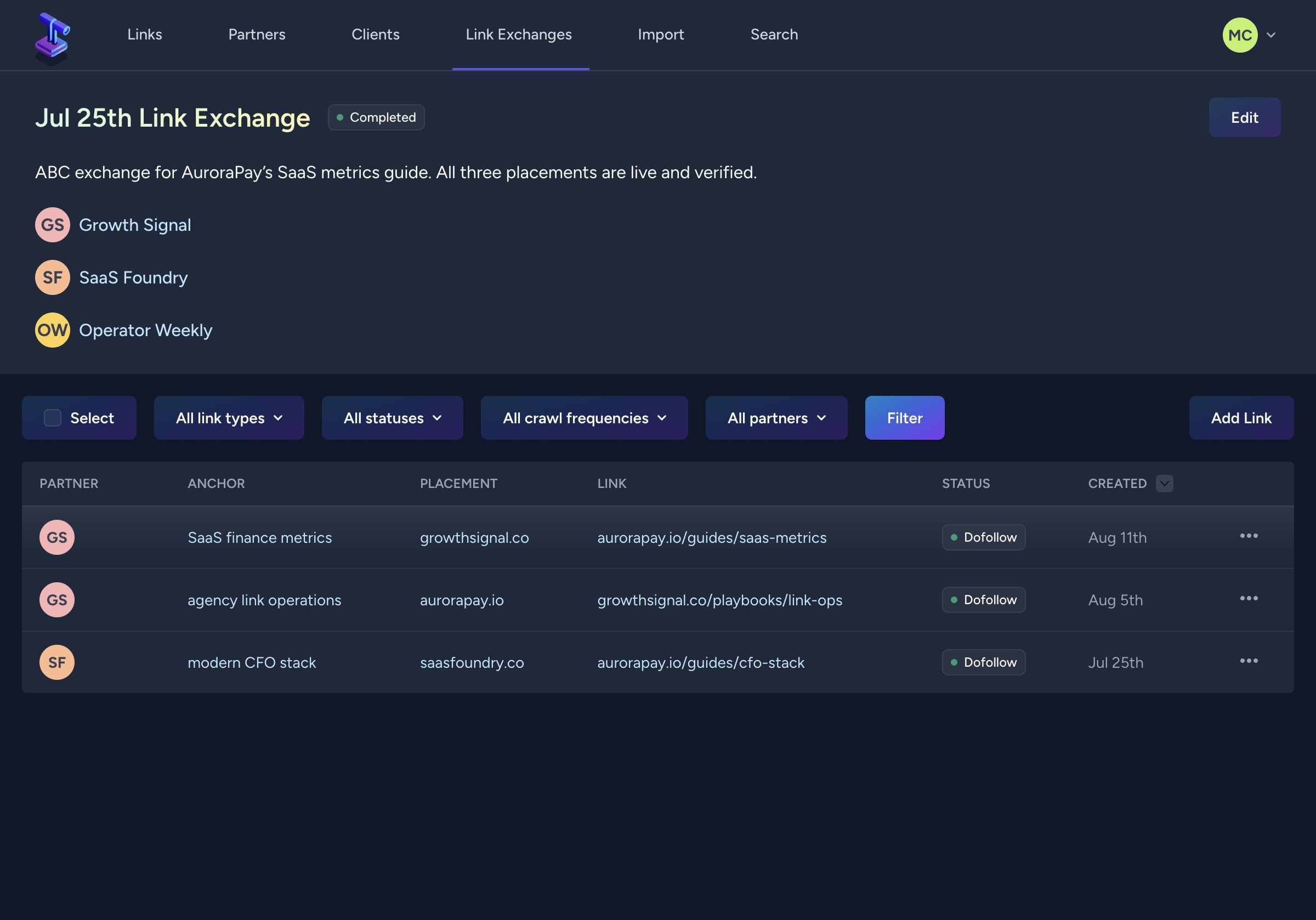Completed Backlink Pilot link exchange connecting Growth Signal, SaaS Foundry, and Operator Weekly.