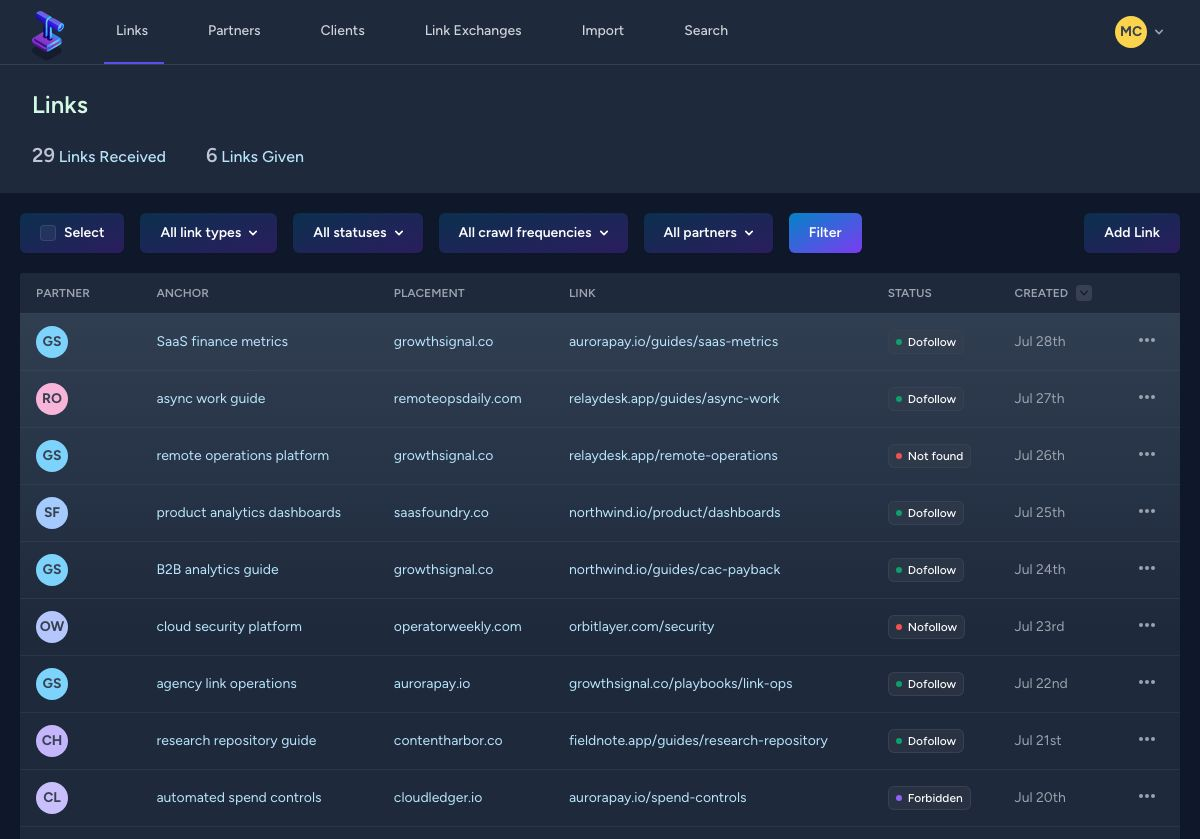 Backlink Pilot links dashboard showing received and given links with dofollow, missing, nofollow, and forbidden statuses.