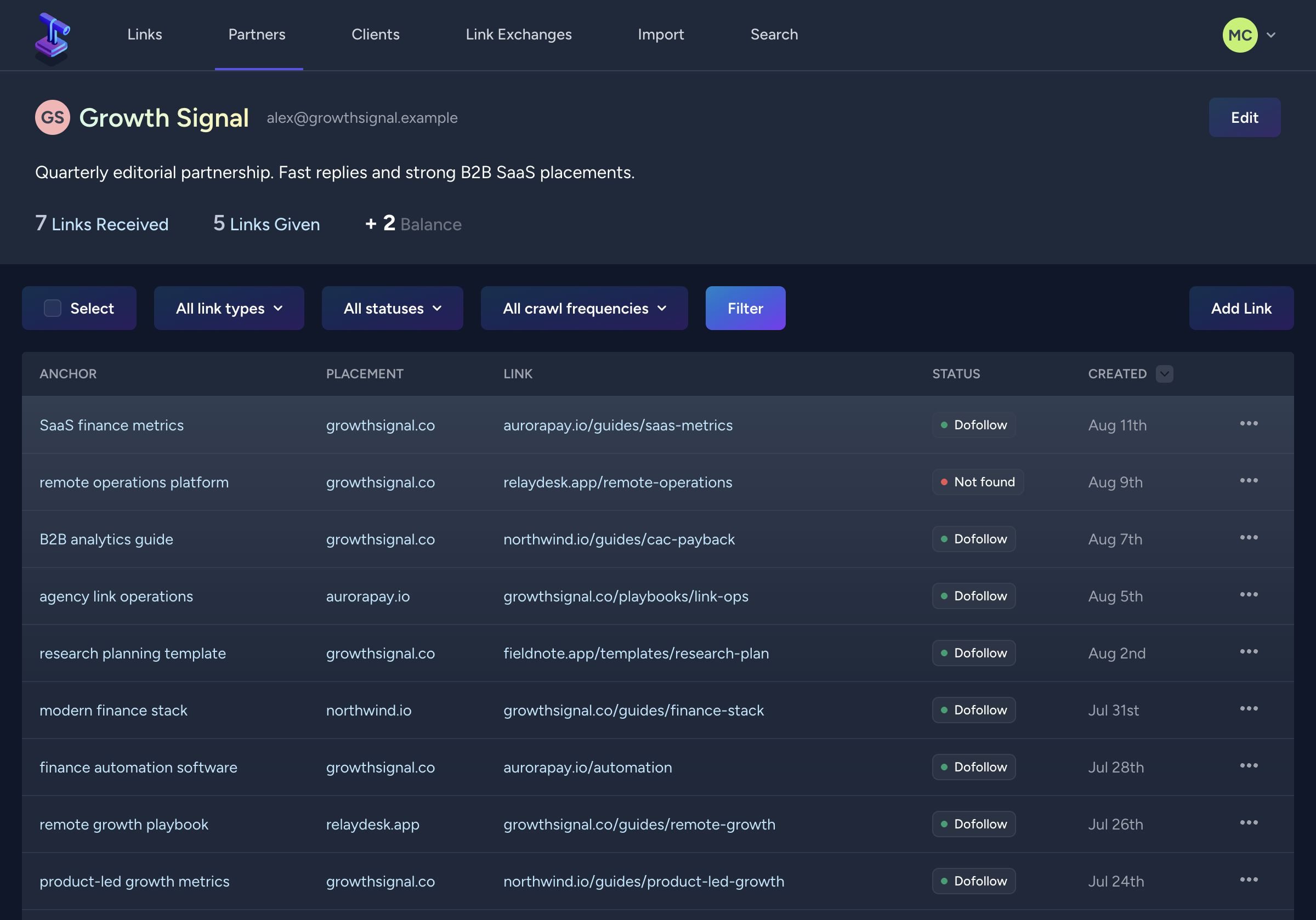 Growth Signal partner workspace in Backlink Pilot showing seven links received, five given, and a balance of two.