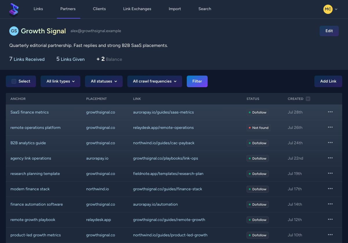 Growth Signal partner workspace in Backlink Pilot showing seven links received, five given, and a balance of two.